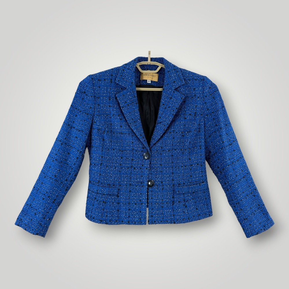 VTG Bergamo by EBI Blue Tweed Blazer Jacket Womens 4P Petite Lined USA 90s